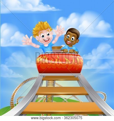 Cartoon Boys Children Riding On A Roller Coaster Ride At A Theme Park Or Amusement Park