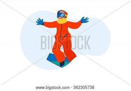 Person Enjoying Snowboarding. Excited Child Sliding On Board Flat Vector Illustration. Vacation, Sno