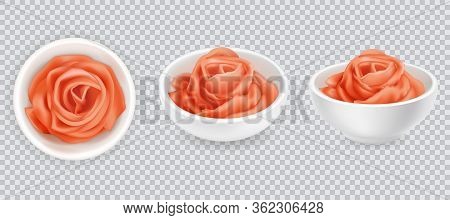 Realistic 3d Pickled Ginger Rose Set. Pink Sushi Condiment Isolated On White Background. Asian , Top