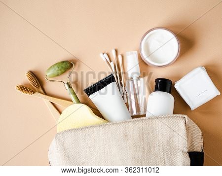 Travel Cosmetic Bag With The Necessary Means To Care For Women's Skin. Cosmetics, Massager With Crys