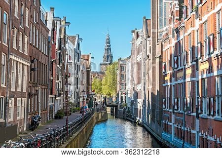 City scenic from Amsterdam in spring in the Netherlands with the North Church (Noorderkerk)