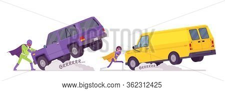 Male And Female Super Hero In Bright Costume Pulling Heavy Van. Attractive Strong Brave Warriors, Su