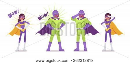 Male, Female Super Hero In Bright Costume Posing. Attractive Heroic Strong Brave Warriors, Superpowe