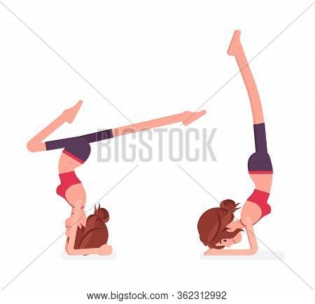 Young Yogi Woman Practicing Yoga, Doing Headstand, Variation Of Salamba Sirsasana Pose And Handstand