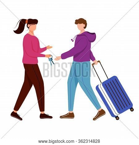 Couchsurfing Flat Contour Vector Illustration. Lodging Without Charge. Girl Gives Keys To Her Guest.