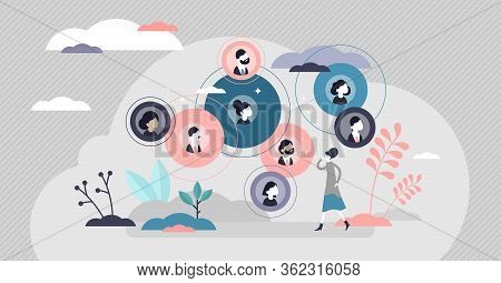 Connected Relationships Vector Illustration. Mutual Contacts Network In Flat Tiny Persons Concept. S