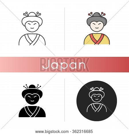 Geisha Icon. Japanese Woman In Asian Attire. Geiko In Costume With Traditional Hairstyle. Maiko In C
