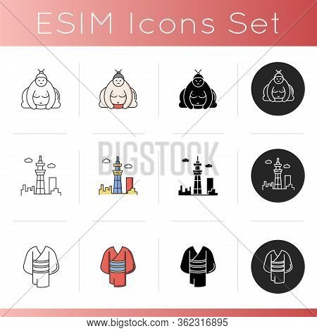 Japan Icons Set. Sumo Wrestler. Sky Tree Tokyo Tower. Kimono Dress. Yukata Clothing. Asian Tradition