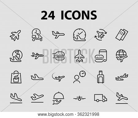 A Simple Set Of Airport Related Vector Line Icons. Contains Badges Such As Departure, Boarding, Wait