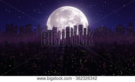 80s Night City Synthwave Vj Cyberpunk Background With Neon Lights, Moon, Stars