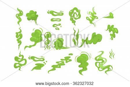 Stinky Smoke Samples Set. Green Fart Clouds, Toxic Steam, Odor. Vector Illustration For Bad Smell, D