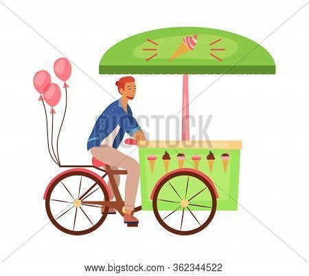 Concept Of Streed Food. Young Boy Student Sale Ice Cream Riding Mobile Ice Cream Cart With Many Type