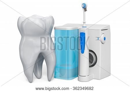 Tooth With Water Flosser, Dental Oral Irrigator. 3d Rendering Isolated On White Background