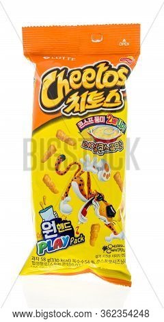 Winneconne,  Wi - 21 April 2020:  A Package Of Cheetos Corn Soup Flavor Chips On An Isolated Backgro
