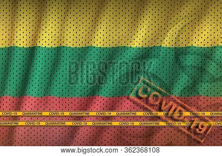 Lithuania Flag And Orange Covid-19 Stamp With Border Tape. Coronavirus Or 2019-ncov Virus Concept