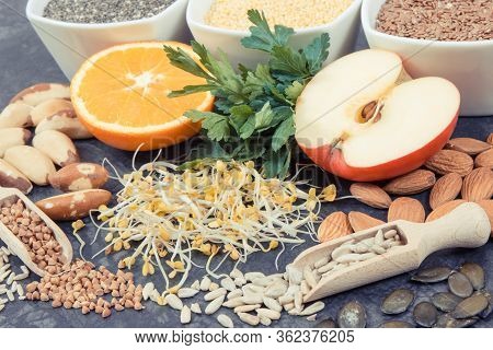 Beneficial Eating For Thyroid Gland. Healthy Ingredients As Source Vitamins And Minerals