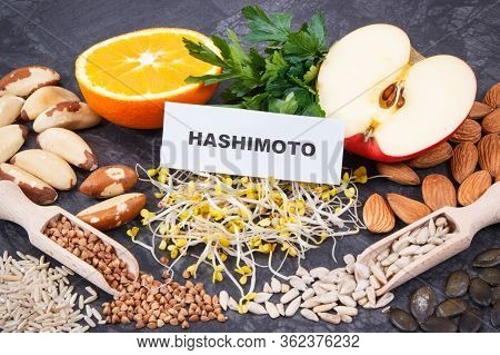 Inscription Hashimoto With Beneficial Eating For Thyroid Gland. Healthy Ingredients As Source Vitami