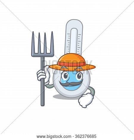 Cartoon Character Design Of Cold Thermometer As A Farmer With Hat And Pitchfork
