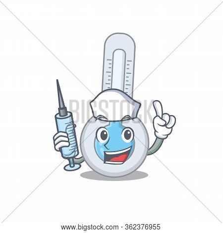 A Nice Nurse Of Cold Thermometer Mascot Design Concept With A Syringe. Vector Illustration