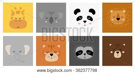 Set Of Cute Hand Drawn Sleeping Animals Characters. Cartoon Zoo. Vector Illustration. Giraffe, Koala