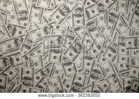 Group Of Money Stack Of 100 Us Dollars Banknotes A Lot Of The Background Texture Top View