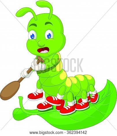 Green Caterpillar Paddling On Green Leaf Cartoon Vector Illustration