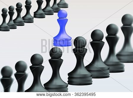 Leadership Concept, Blue Pawn Of Chess, Standing Out From The Crowd Of Blacks. Business Strategy, 3d