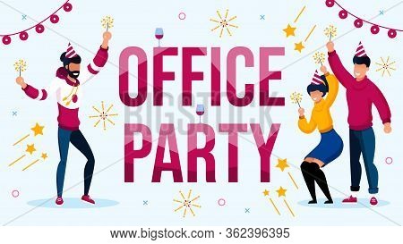 Office Party Celebration With Colleague Invitation Poster. Happy Coworker Wearing Cute Festive Hat W
