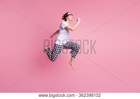 Full Size Profile Photo Of Funny Lady Jump High Up Rush Sales Shopping Didnt Change Sleep Clothes We