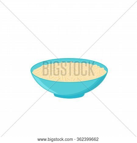 Classic Milk Oatmeal In Blue Bowl, Healthy Breakfast. Isolated On White Background. Vector Flat Illu