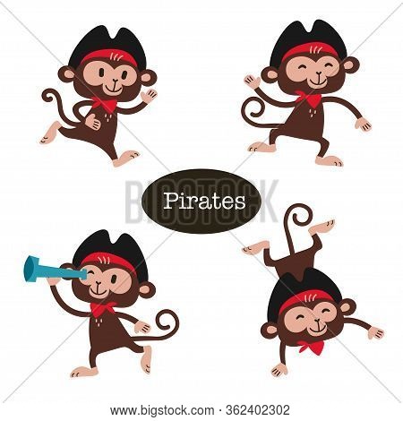 African Animals Set. Cartoon Cute Monkey Pirate.