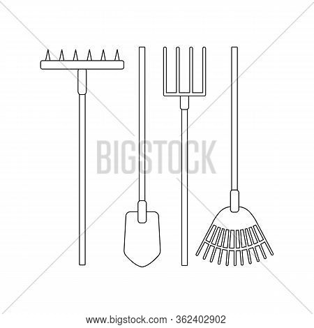 Vector set of tools for the garden on a white background. For agriculture and caring for plants and weeding vegetables. Flat design illustration of objects without fill. Vector and stock illustration.