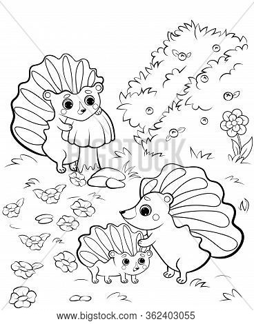 Cute Cartoon Hedgehog Family Vector Coloring Page Outline. Vector Image With Nature Background. Colo