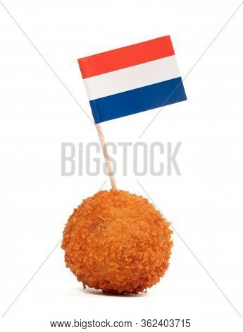 Single Dutch Traditional Snack Bitterbal With A Dutch Flag, Isolated