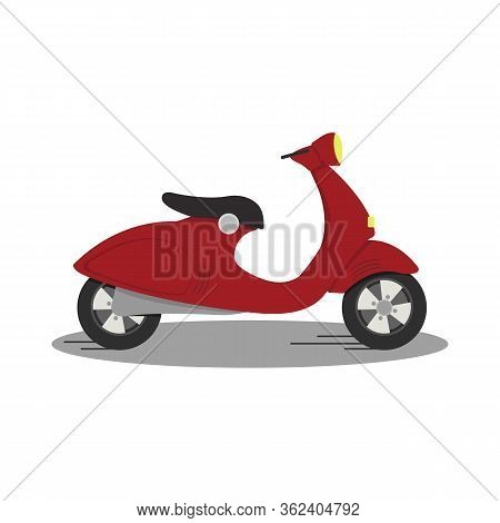 Red scooter for home and office delivery. Fast and free delivery of products, food, goods. Vector and stock illustration. Icon, logo, design elements, concept for website.