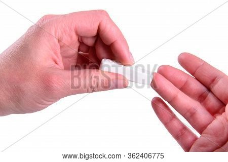 Blood Test Woman Taking Blood Sample Using Lancet On Finger Closeup Isolated On White