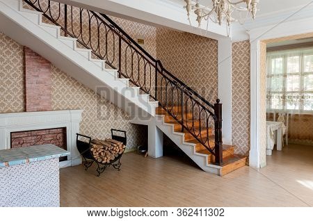 China, Heihe, July 2019: Stairs Interior Of The Hotel House In The Russian Village Outside The City 