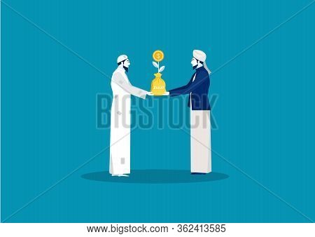 Muslim Man Giving Money Grow To Poor Homeless Living Zakat Concept