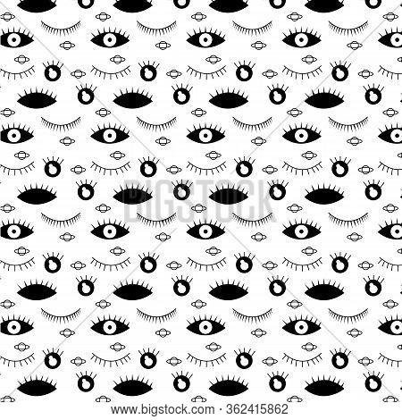 Seamless pattern in the style of psychedelic eyes. Closed and open black eye. Pattern for fabric covers, books. Stock illustration. Vector illustration.