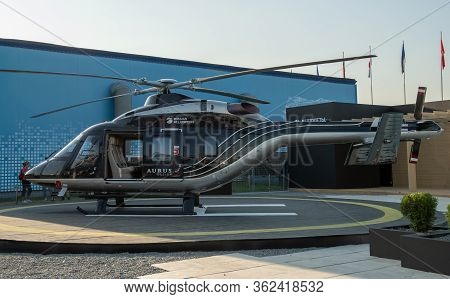 August 30, 2019 Zhukovsky, Russia. The Ansat Helicopter In The Aurus Design At The Maks-2019 Interna
