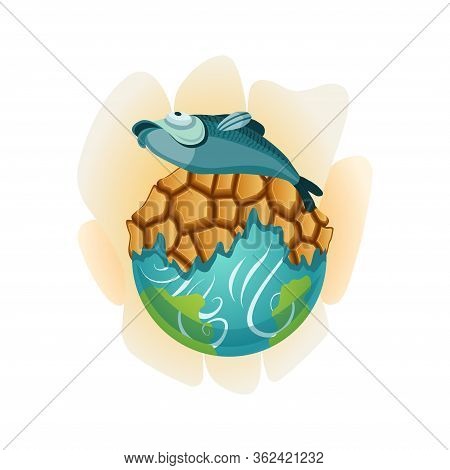 Earth Global Warming. Vector Planet With Dried Up Land And Dead Fish. Warning Ecology Poster. Concep