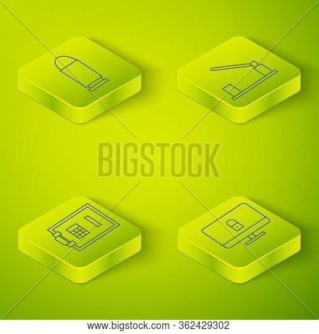 Set Isometric Parking Car Barrier, Safe, Lock On Computer Monitor And Bullet Icon. Vector
