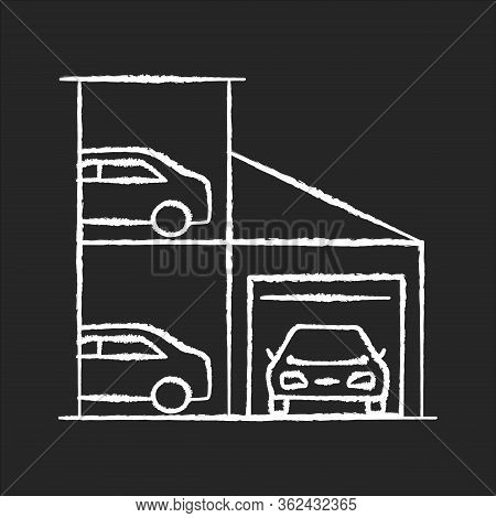 Car Parking Lot Chalk White Icon On Black Background. Full Storage At Shopping Center For Transport.