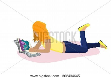 Woman Reading A Book. Girl Reading Some Magazine Isolated On White Background. Blonde Girl Lying On 
