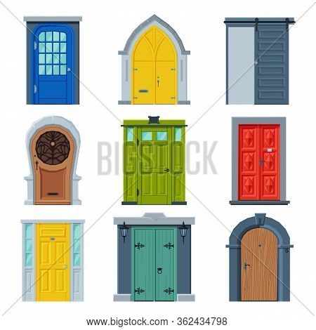 Doors In Vintage Style Collection, Facades And Apartments Architactural Design Elements Vector Illus