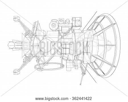 Communication Satellite Concept Outline. Vector Rendering Of 3d. Wire-frame Style. The Layers Of Vis