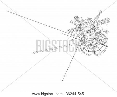 Communication Satellite Concept Outline. Vector Rendering Of 3d. Wire-frame Style. The Layers Of Vis