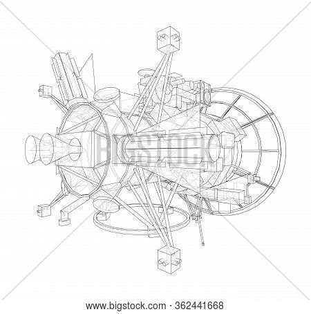 Communication Satellite Concept Outline. Vector Rendering Of 3d. Wire-frame Style. The Layers Of Vis