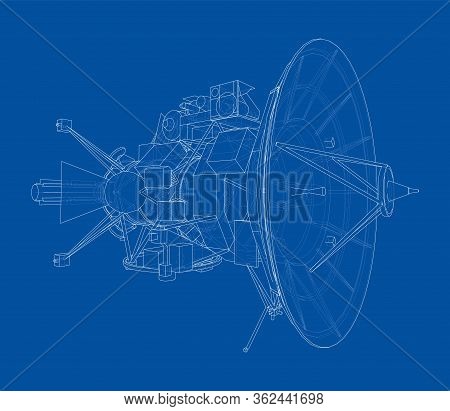 Communication Satellite Concept Outline. Vector Rendering Of 3d. Wire-frame Style. The Layers Of Vis