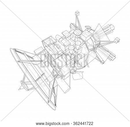 Communication Satellite Concept Outline. Vector Rendering Of 3d. Wire-frame Style. The Layers Of Vis